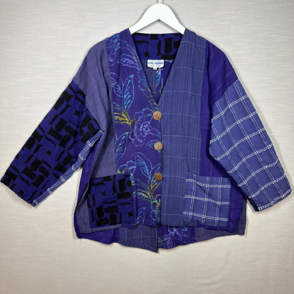 Wild Thing Wild Woman Top S/M Purple Handmade Art Batik Long Sleeve Patch‎ Artsy